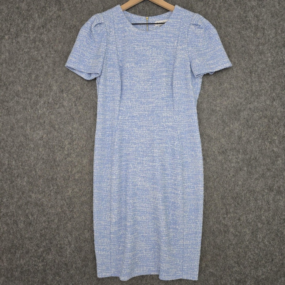 Calvin Klein Dress Womens 12 Blue Tweed Short Sleeve Sheath Lined Zip Work